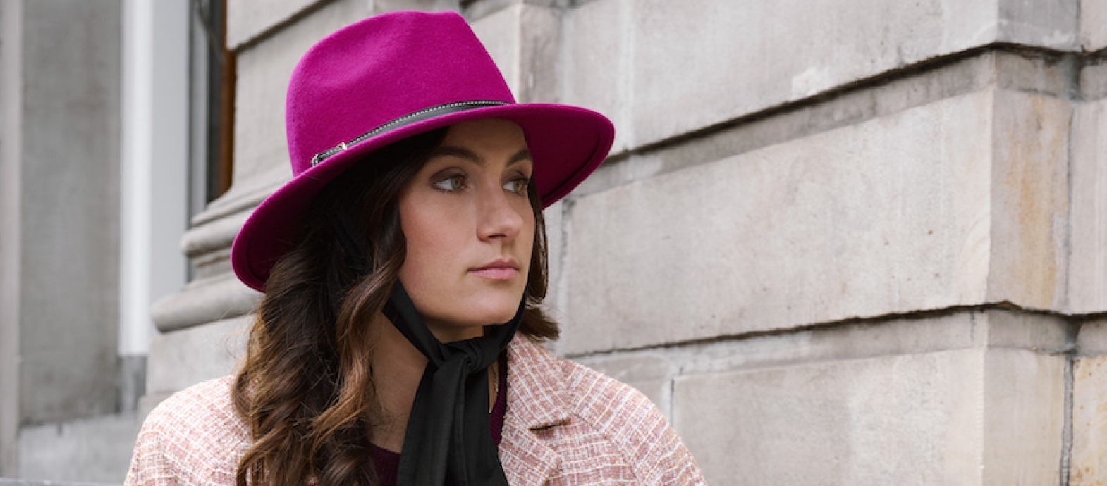 Bronte-Cleo-wool felt fedora hat in fuxia pink with leather belt and buckle
