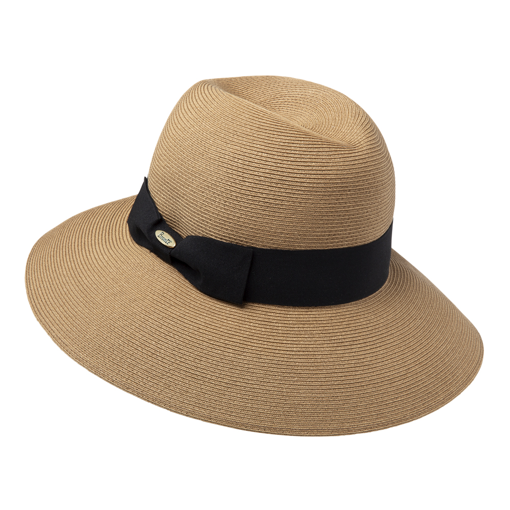 Bronté Cien, summer fedora hat, fine braided natural straw-camel, OSFA, UV protection, packable