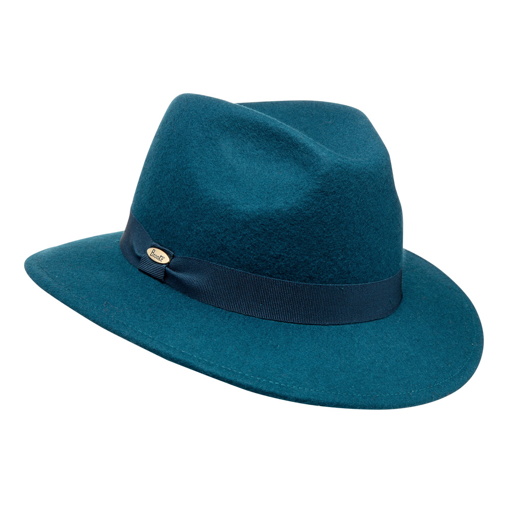 Cleo is a wool felt fedora style hat with a medium brim, in teal blue, trimmed with a leather belt and buckle