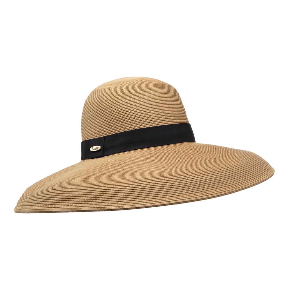 Bronté Deborah is a wide brim sun hat in camel colour, braided straw, shallow crown, UV protection