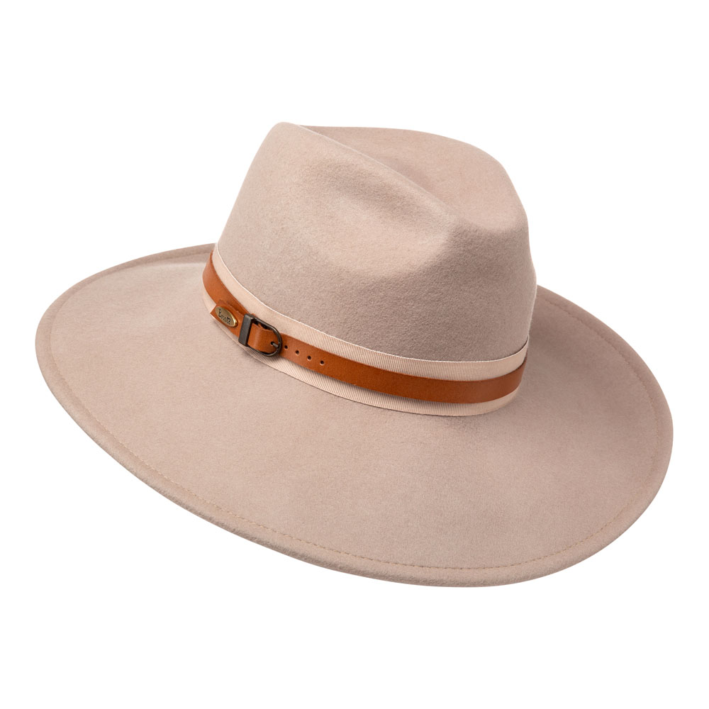 Bronté- Frederique- wool felt fedora hat with a large brim that sweeps up on one side- in beige colour, with ribbon trimming and belt.