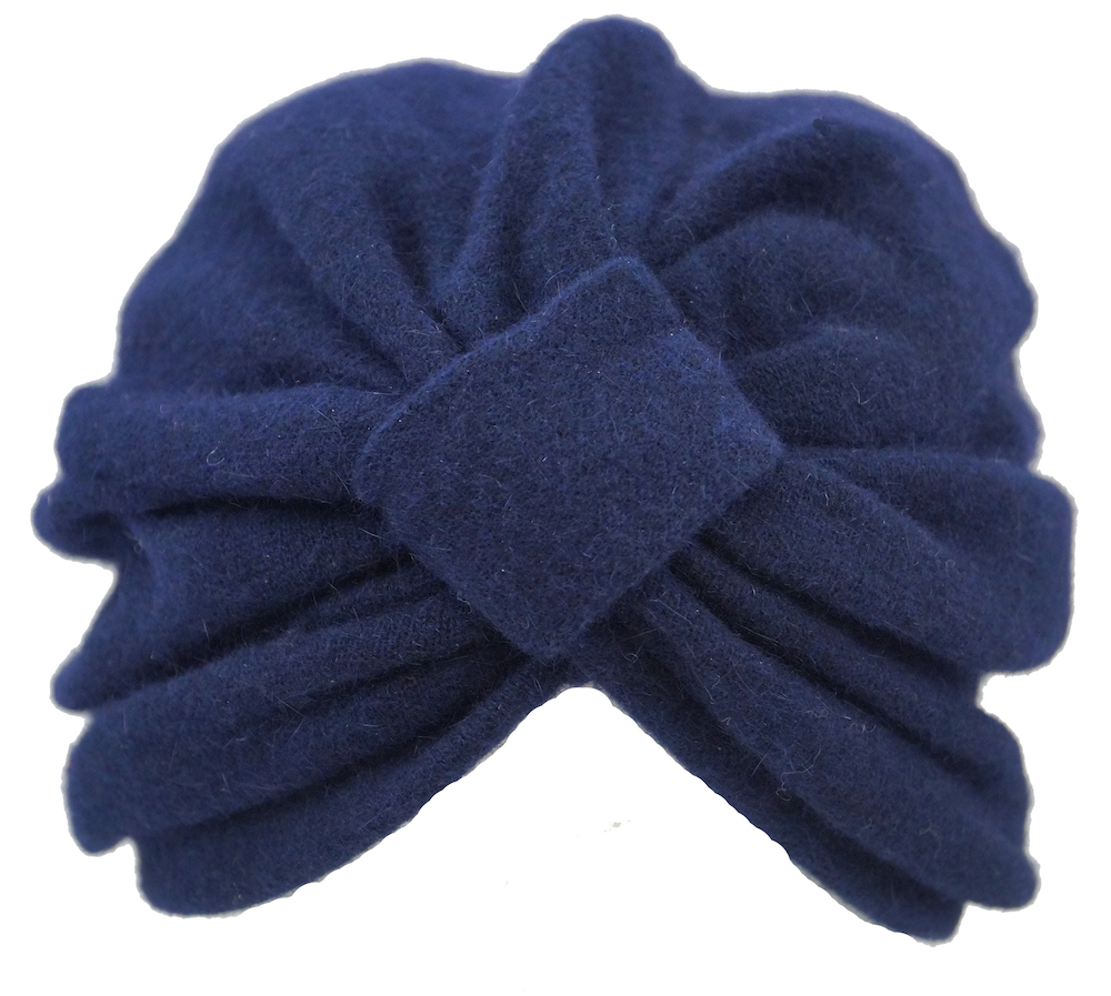 Bronte- Yana is a cosy warm wool jersey turban hat-navy blue. A perfect accessory for a bad hair day, or for cold winter days. Covers ears and forehead.