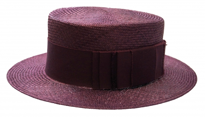 Philip Treacy- handwoven Parasisal straw hat in Boater style- burgundy red