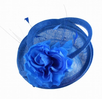 Whiteley- disc fascinator- in sinamay straw- with silk flower- royal blue 