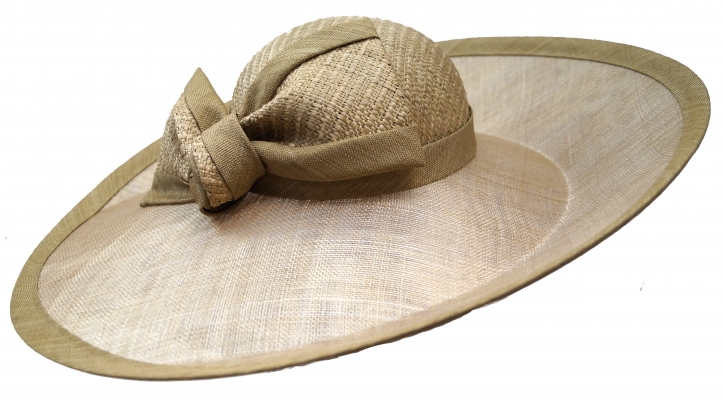 Whiteley- large ceremonial hat made of rio straw and sinamay straw, relevé shape, almond beige