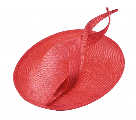 Whiteley- disc fascinator- in handwoven parasisal straw with twisted graphic trimming- scarlet pink
