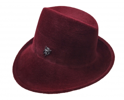 Philip Treacy- side-sweep trilby hat in velour felt with unicorn-warm red