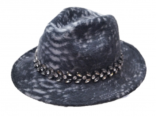 Philip Treacy - velour felt fedora hat in grey animal print- with Swarowski jewel trimming