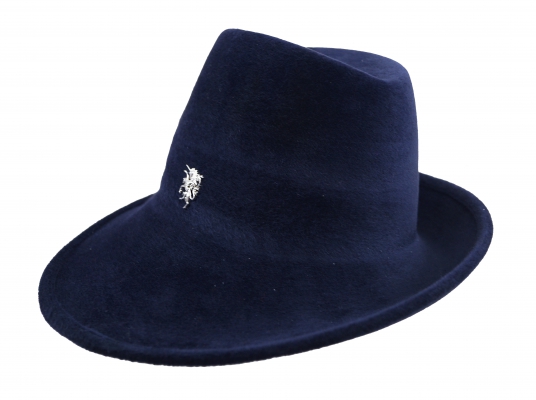 Philip Treacy- side-sweep trilby hat in velour felt with unicorn-navy blue