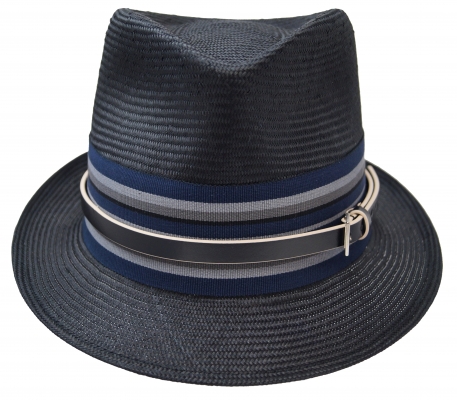 Philip Treacy - Parasisal trilby summer hat - navy blue, with ribbon and leather trimming