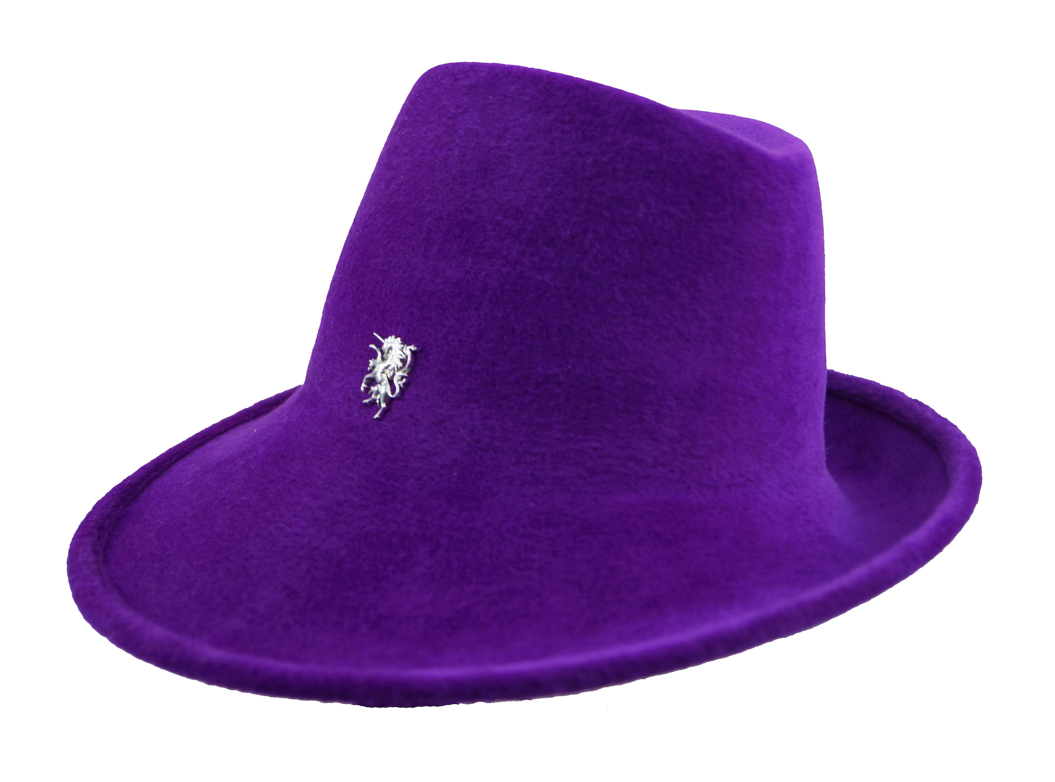 Philip Treacy- side sweep trilby hat in velour felt with unicorn-petunia purple